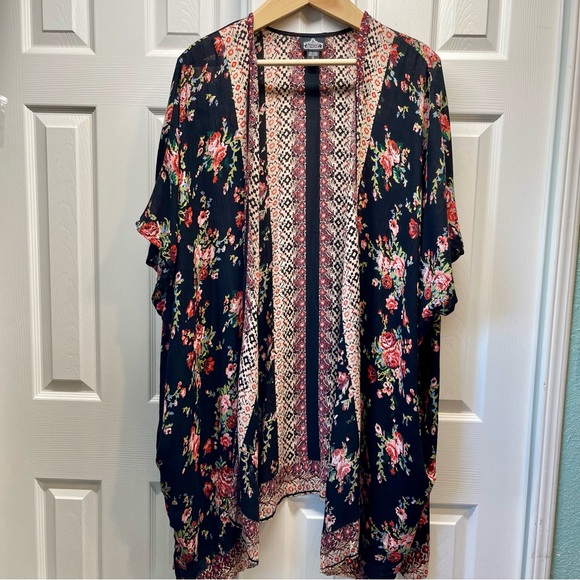 Angie Bohemian Vibrant Floral Pattern Kimono Wide Sleeves Open Front Size Large - Picture 1 of 6